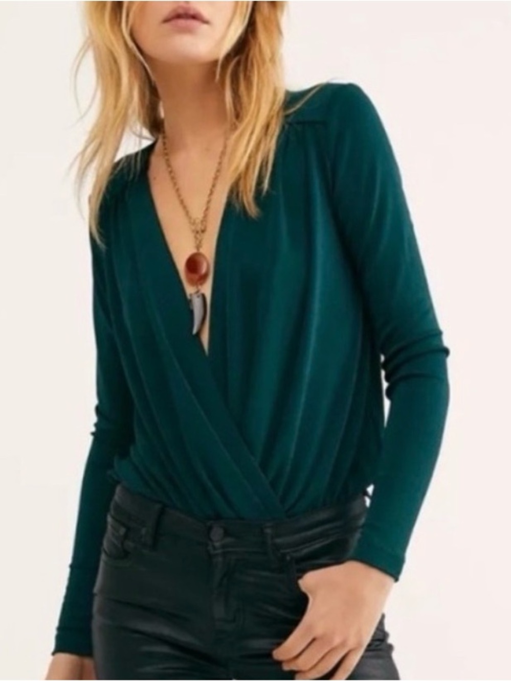 Free People Teal Deep V Surplice Long-Sleeve Bodysuit